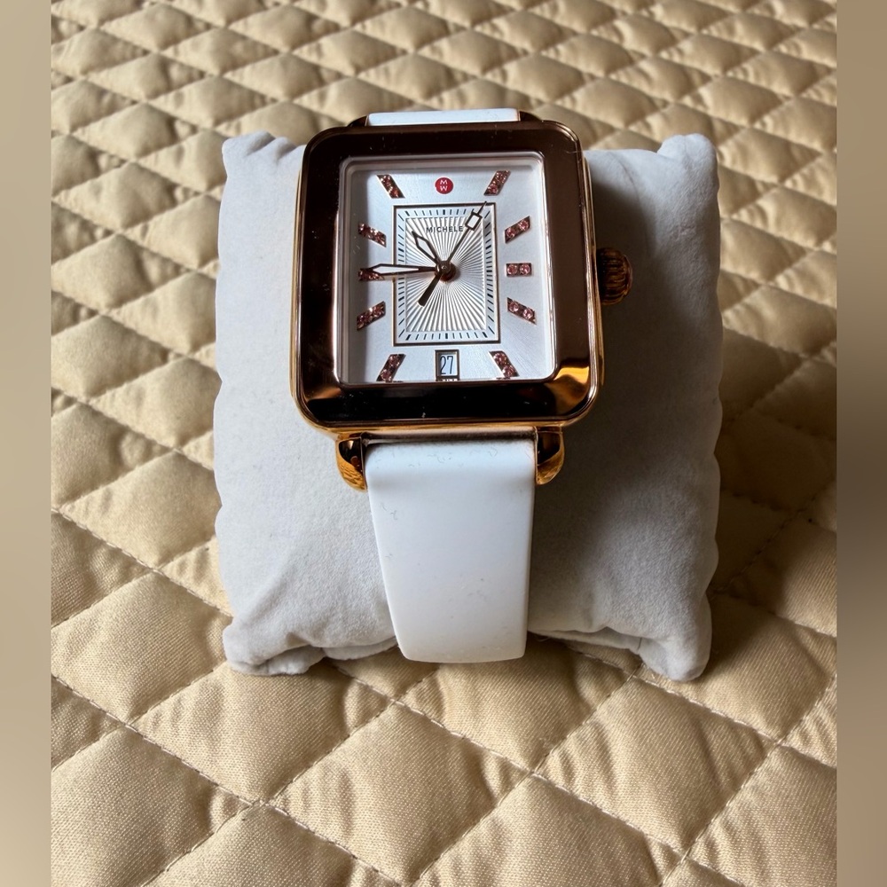 Michele Deco Sport Watch with White Band and Rose Gold Accents, 34 MM, NWT, Box